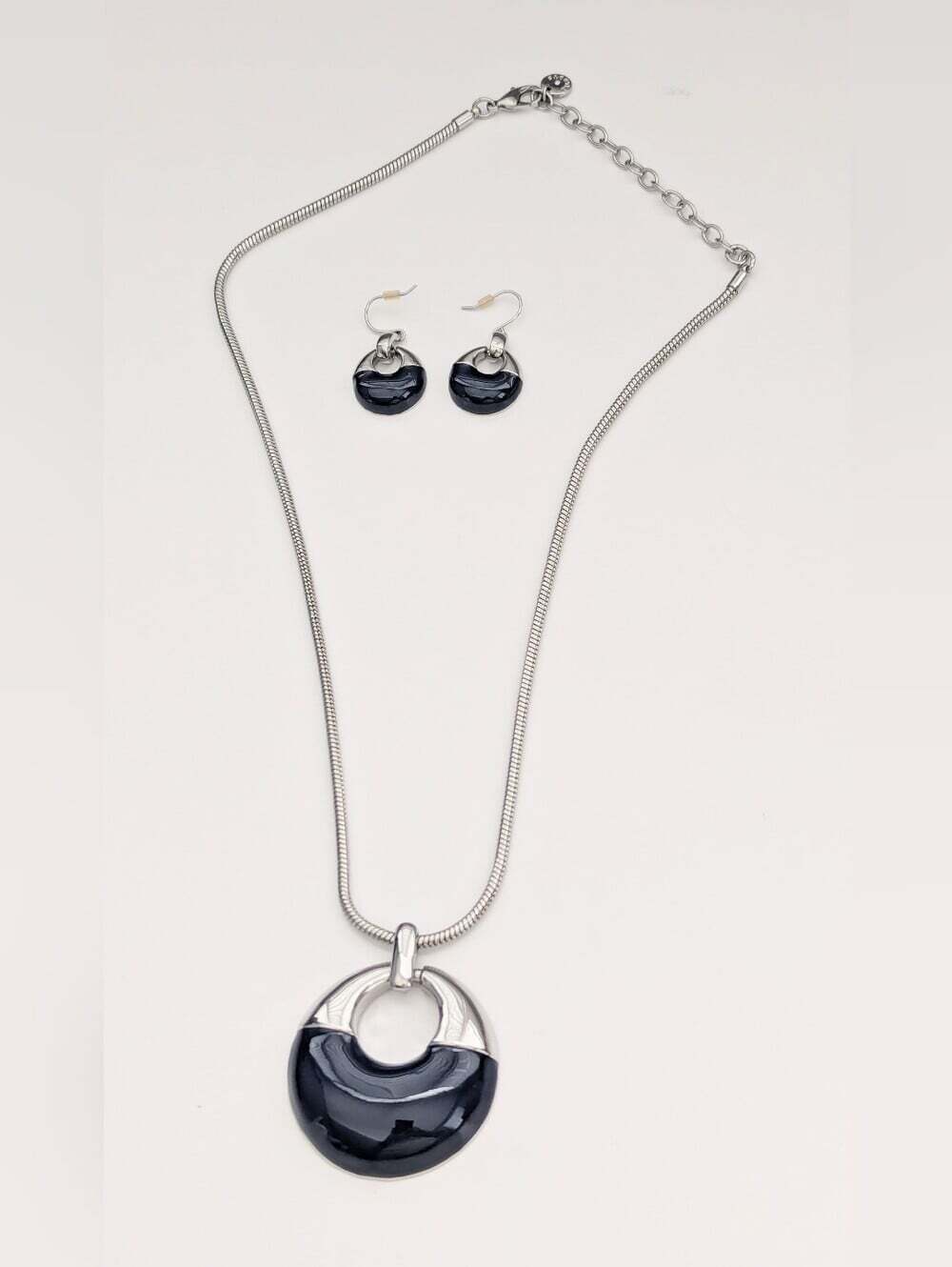 Silver-Tone & Deep Dark Blue Set of Necklace & Pierced Earrings